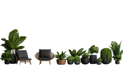 Modern garden furniture set with lush green plants on transparent background