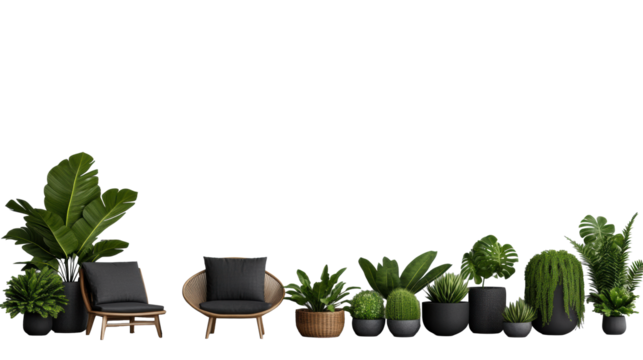 Modern garden furniture set with lush green plants on transparent background