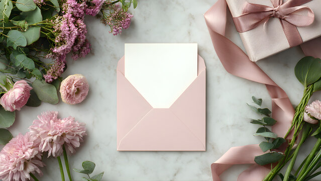
Feminine wedding, birthday desktop mock-up. Invitation card mockup, template Blank greeting cards, rspv card, 5x7, square card, envelope. Silk ribbons, pink, greenery.


