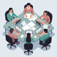 Business people having meeting in modern conference room top view of diverse team collaborating on project with laptops and documents on table