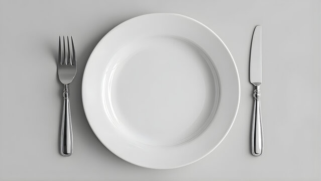 
Blank white plate mockup with fork and knife, side view isolated, 3d rendering. Clear dish with cutlery design mock up. Empty restaurant table ware template.