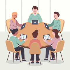 Business professionals collaborating around round table in modern office setting using tablets for discussion and data analysis