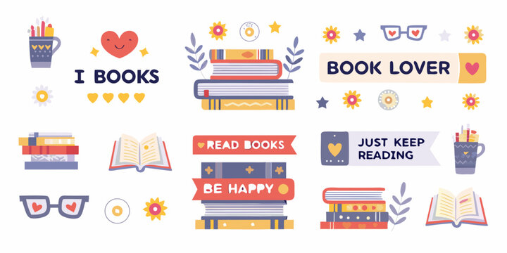 Cute book lover illustration with stacks of books and reading quotes