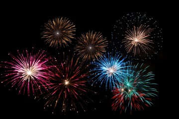 Naklejka premium Fireworks colorful on black sky outdoors night illuminated.