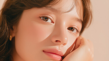 dewy korean makeup closeup, skincare, close up portrait of young woman, close up portrait of young woman, close-up korean beauty eye detail