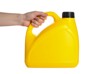 Yellow oil container in hand for automotive and engine lubricant on transparent background
