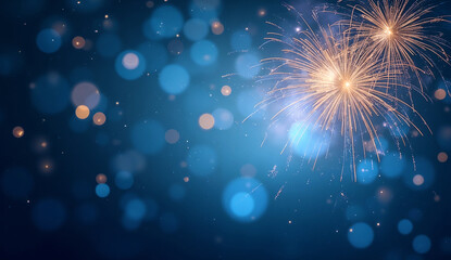 Fireworks with blue and gold abstract bokeh background