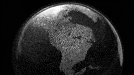 Stylized globe rendered from dots, depicting Earth, with continents, on a black background