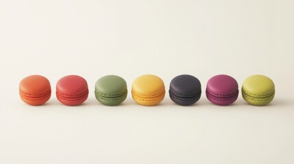 Row of colorful macarons arranged in a neat pattern on a white background