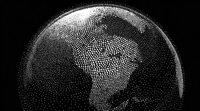 Stylized globe rendered from dots, depicting Earth, with continents, on a black background