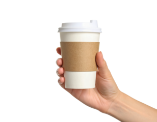 Hand holding white coffee cup mockup on black background studio on transparent background
