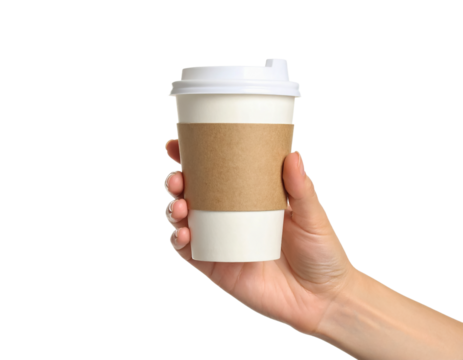 Hand holding white coffee cup mockup on black background studio on transparent background