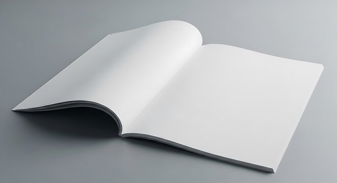 Open blank magazine or brochure mockup with empty pages on a grey background, ready for custom design and content
