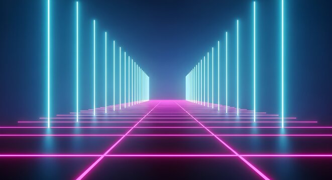 Abstract futuristic neon grid, glowing with UV light in a dark virtual space. 3D render.