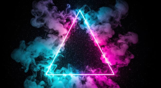 Vibrant Neon Triangle with Colorful Smoke and Stars