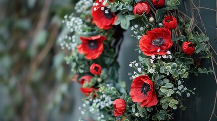Obraz premium Elegant floral wreath featuring red poppies and lush green foliage
