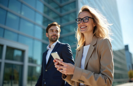 Woman in glasses smiles holding phone outside modern office building with man. Colleagues walk together, discussing work ideas, planning strategy. Sunny day in city.
