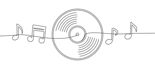 Continuous Line Art with Vinyl Record and Musical Notes