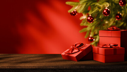 Christmas red background with new year gifts under fir tree with ornaments. Xmas giftbox on empty wooden table. Winter holiday sale product placement mockup design.