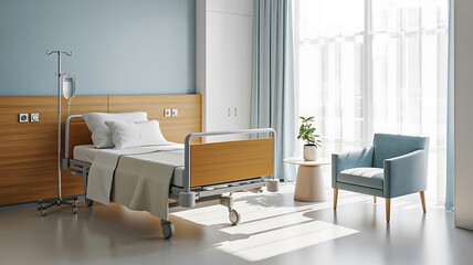Modern hospital patient room with clean bed and bright natural light
