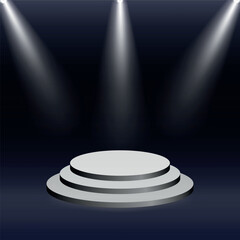 Three-level stage podium with dramatic spotlights on dark background