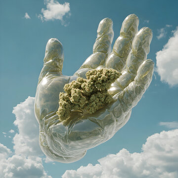 giant inflatable blow up transparent hand holding a marijuana weed bud in the sky