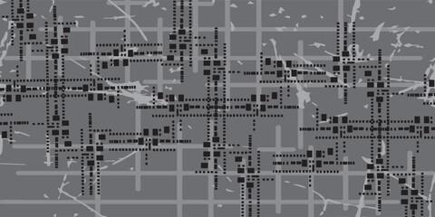 Abstract Geometric Pattern with Black Squares and Lines on Gray Background.