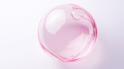 Fototapeta premium 95.Close-up of a pink soap bubble with a glossy, almost liquid jelly texture, clear and reflective with faint hints of light and color distortion, set against a soft white backdrop