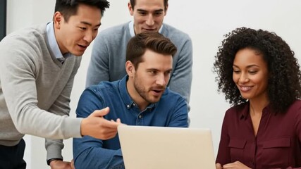 A happy, diverse team of four colleagues collaborating closely around a laptop in a modern office. Perfect for positive teamwork concepts - Powered by Adobe
