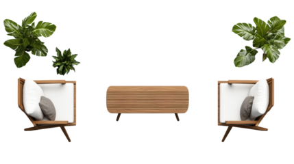 Modern Garden Furniture Set with Wooden Chairs and Table on transparent background