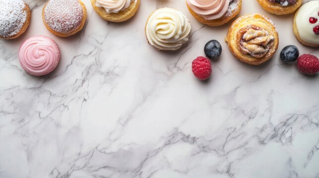 Assorted types of dough arranged on a marble surface for baking and culinary preparation - Powered by Adobe