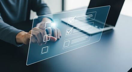 Person interacting with a futuristic digital interface on a transparent screen