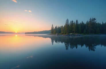 Fototapeta premium Calm lake at sunrise with blue clear water, forest on shore. Trees reflect in water. Peaceful scenic landscape with evergreen trees in morning light. Serene environment. Blue sky with clouds.