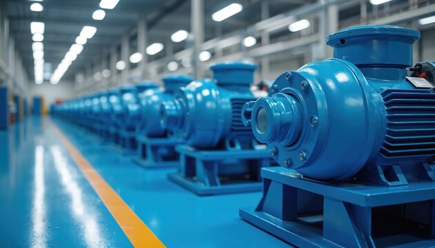 Blue industrial pumps line up inside factory hall. Metal machinery sits on blue floor with orange line. Powerful electric motors await installation in water utility facility.