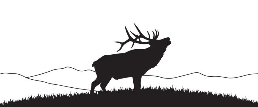 Rearing elk silhouette with large antlers standing on grassy hill in profile with subtle mountain landscape outline