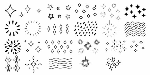 Hand drawn doodle elements set stars bursts diamonds and waves