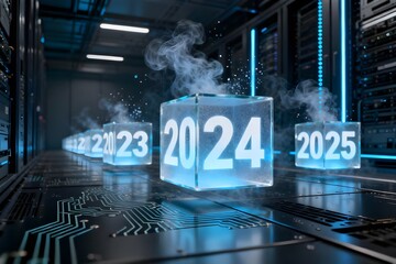 Futuristic data center with glowing cubes displaying years, symbolizing technological evolution and the digital future.