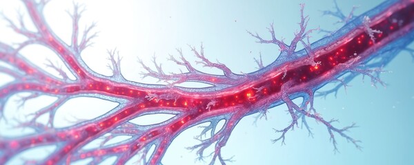 Artistic medical illustration of blood vessels. Rendered graphic shows internal structure of artery pathway. Detail of human vascular system with branching. Scientific anatomy digital visualization