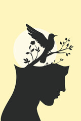 Surreal silhouette of a human head with a bird and blooming branches emerging from the mind, symbolizing healing, inner freedom, mental clarity, and emotional rebirth.