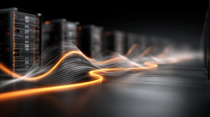 Row of servers with bright, flowing data trails, rendered in a dark, futuristic setting