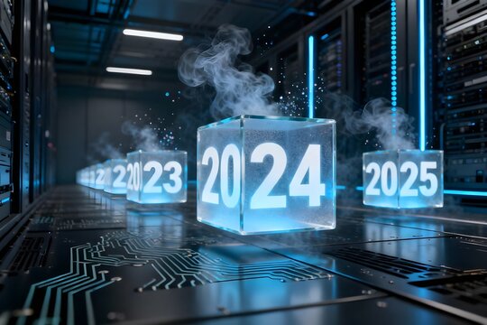 Futuristic data center with glowing cubes displaying years, symbolizing technological evolution and the digital future.