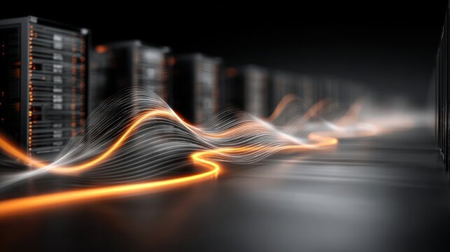 Row of servers with bright, flowing data trails, rendered in a dark, futuristic setting