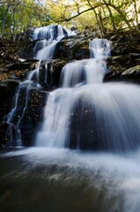 A beautiful little cascade in Pisgah National Forest, North Carolina. Cool, flowing water washes over dark rocks in this scenic Blue Ridge Mountains stream.  