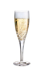 A glass of champagne, fizzy wine, as a birthday celebration or to celebrate the New Year filled with fizzy bubbles on the top in a cut crystal glass, flute, isolated against a transparent background.