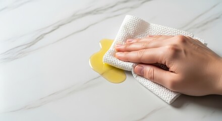 Hand cleaning oil spill with cloth on marble surface in kitchen  