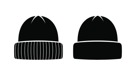 Simple black and white graphic illustration of two winter beanies