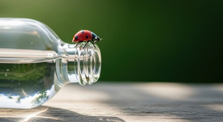 Ladybug perched on glass bottle with water reflecting nature  