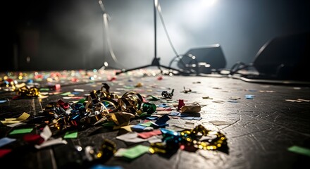 Confetti and streamers litter the floor of a stage after a performance.