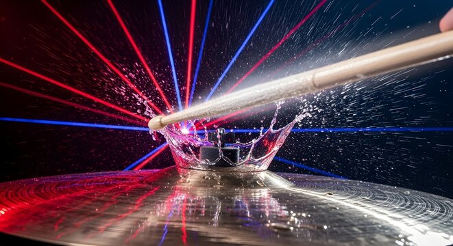 A drumstick strikes a cymbal creating a splash of water with red and blue light beams.