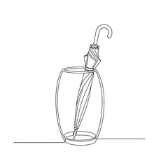 Closed umbrella leaning in wire stand one-line drawing on white